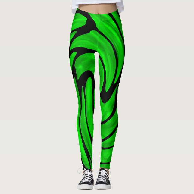 Green Silk and Black Leather look Leggings (Front)