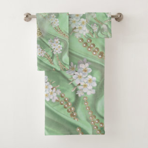 Green Silk & Ivory Champaign Pearls Bath Towel Set