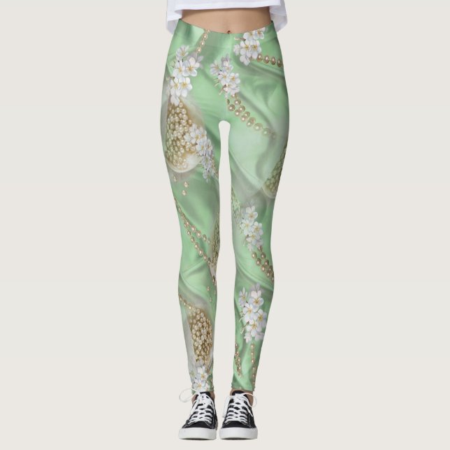 Green Silk & Ivory Champaign Pearls Leggings (Front)