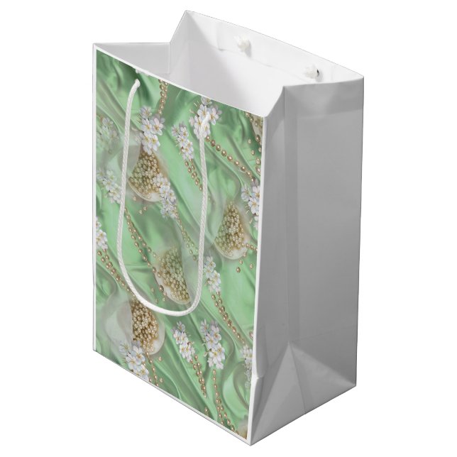 Green Silk & Ivory Champaign Pearls Medium Gift Bag (Front Angled)