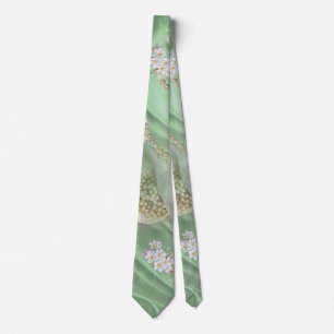 Green Silk & Ivory Champaign Pearls Tie