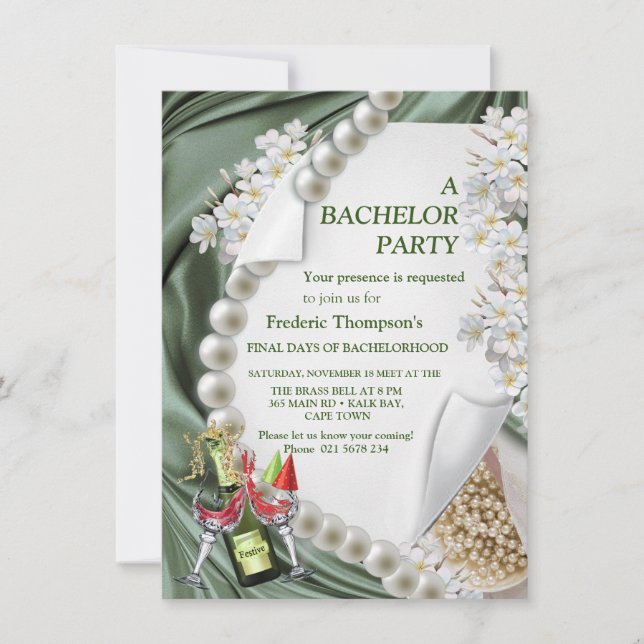 Green Silk & Ivory Pearls Bachelor Party (Front)