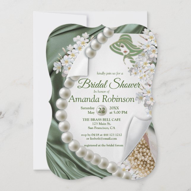 Green Silk  & Ivory Pearls Bridal Shower Invitation (Front)
