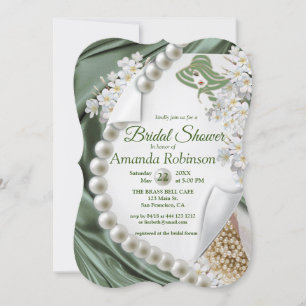Green Silk & Ivory Pearls Bridal Shower Invitation