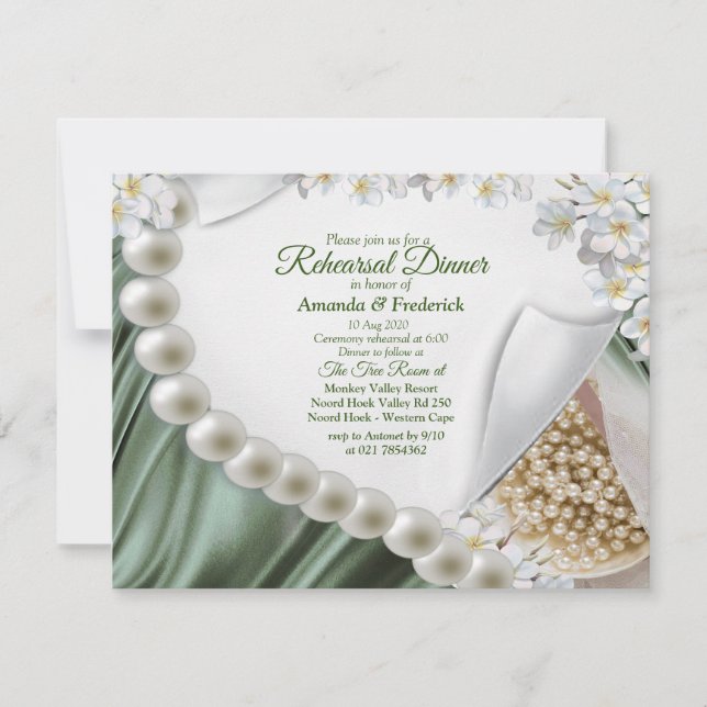 Green Silk & Ivory Pearls Rehearsal dinner Invitation (Front)