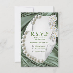 Green Silk & Ivory Pearls RSVP Card