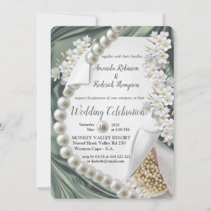 Green silk  & Ivory Pearls Wedding Invitation