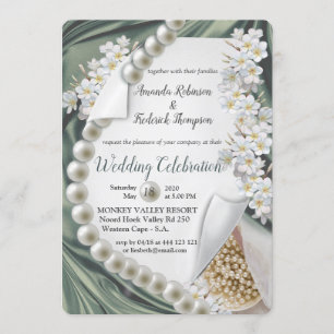 Green silk  & Ivory Pearls Wedding Invitation