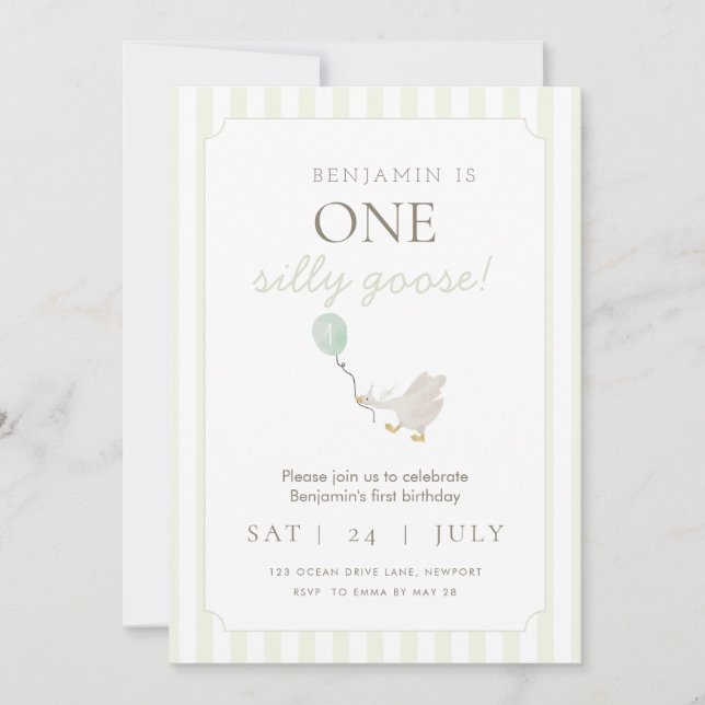 Green Silly Goose First Birthday Invitation (Front)