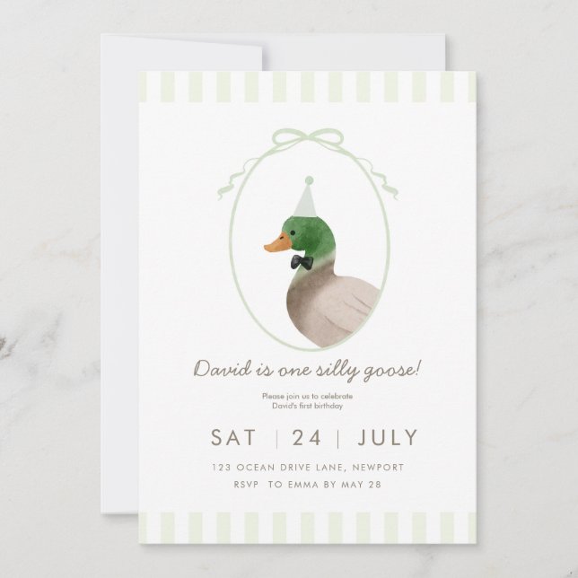 Green Silly Goose First Birthday Invitation (Front)