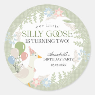 Green Silly Goose Floral Gingham Baby Shower Favou Classic Round Sticker