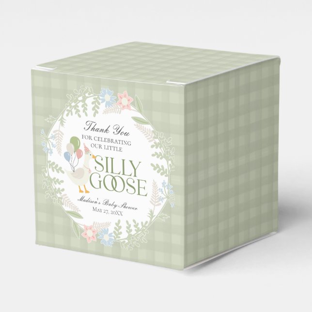 Green Silly Goose Floral Gingham Baby Shower Favour Box (Front Side)