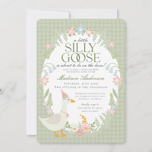 Green Silly Goose Floral Gingham Baby Shower Invitation (Front)