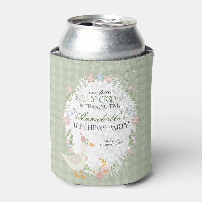 Green Silly Goose Floral Gingham Birthday Favour Can Cooler (Can Front)