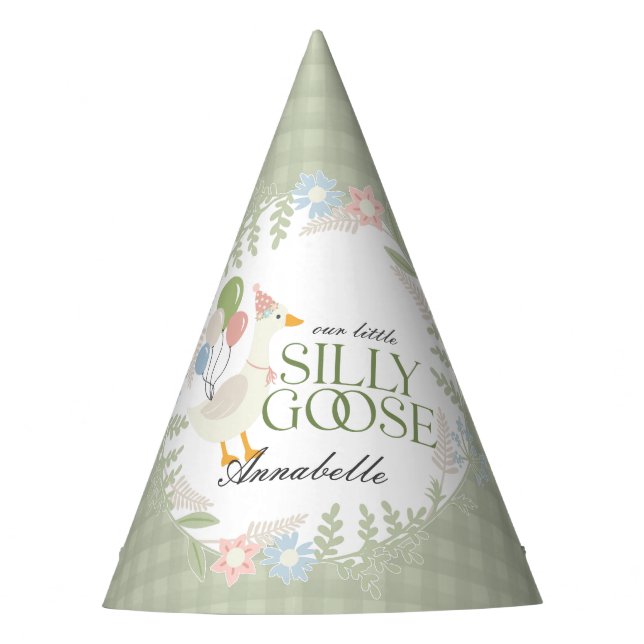Green Silly Goose Floral Gingham Birthday Favour Party Hat (Front)