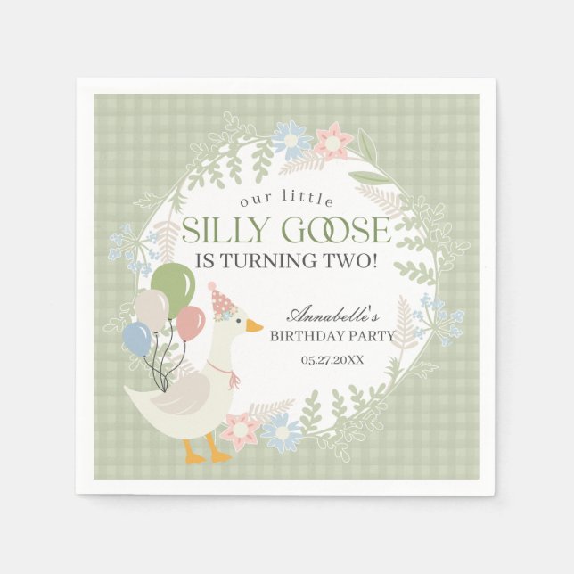 Green Silly Goose Floral Gingham Birthday Napkin (Front)