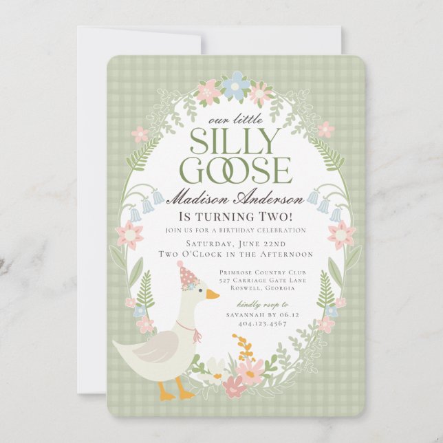 Green Silly Goose Floral Gingham Birthday Party Invitation (Front)