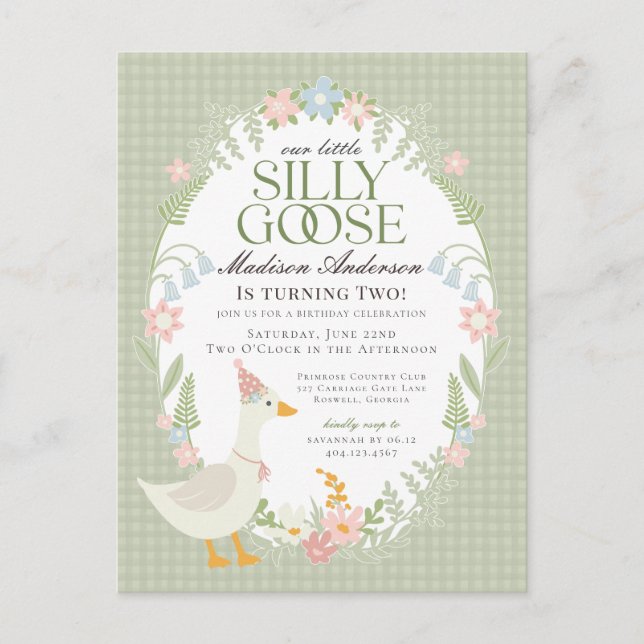 Green Silly Goose Floral Gingham Birthday Party Postcard (Front)