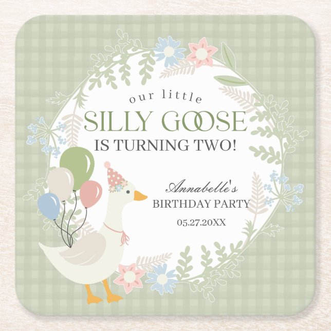 Green Silly Goose Floral Gingham Birthday Square Paper Coaster (Front)
