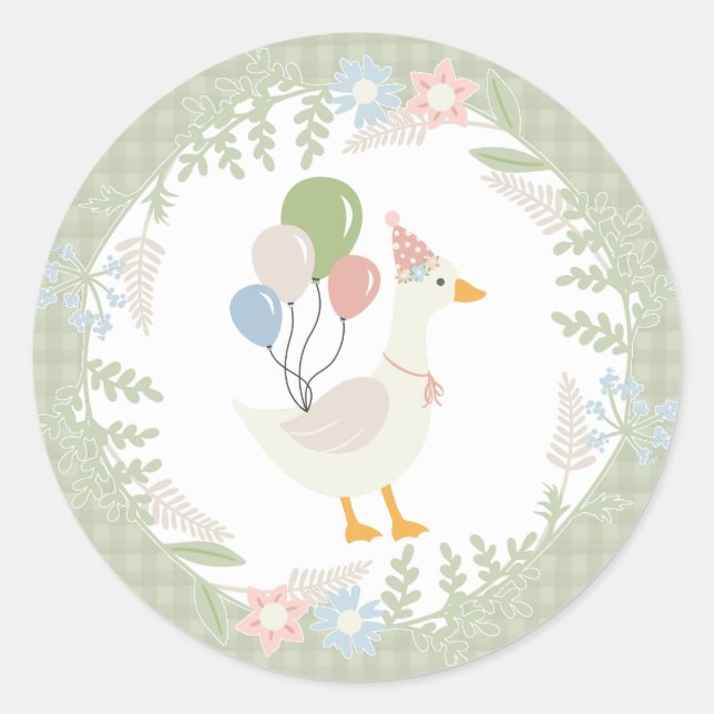 Green Silly Goose Floral Gingham Favours Classic Round Sticker (Front)