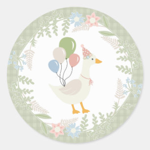 Green Silly Goose Floral Gingham Favours Classic Round Sticker