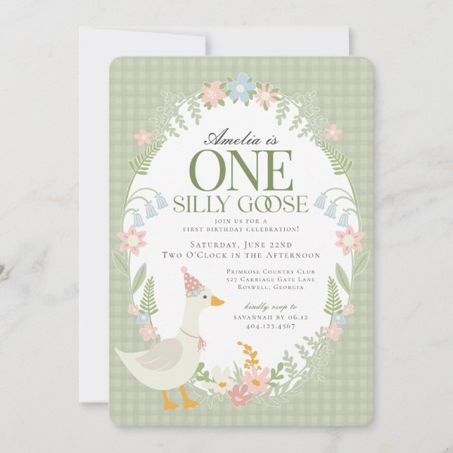 Green Silly Goose Floral Gingham First Birthday Invitation (Front)