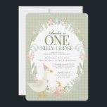 Green Silly Goose Floral Gingham First Birthday Invitation<br><div class="desc">A silly goose is another year older. This Silly Goose Party Decor Collection is perfect for celebrating your sweet little girl! Featuring an adorable silly goose, pastel florals, and soft gingham patterns, this collection is perfect for adding a touch of playful elegance to any party. Whether it’s for a birthday...</div>