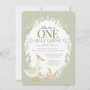 Green Silly Goose Floral Gingham First Birthday Invitation