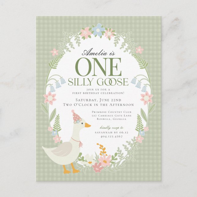 Green Silly Goose Floral Gingham First Birthday Postcard (Front)