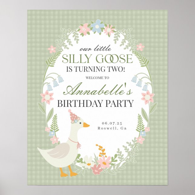 Green Silly Goose Gingham Birthday Welcome Sign (Front)