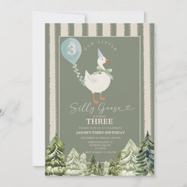 Green Silly Goose Winter Forest Boy 3rd Birthday Invitation (Front)