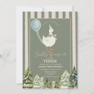 Green Silly Goose Winter Forest Boy 3rd Birthday Invitation
