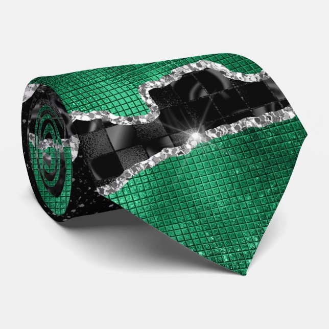 Green silver agate glitter marble look elegant tie (Rolled)