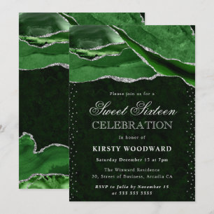 Green Silver Agate Marble Glam Sweet 16 Invitation