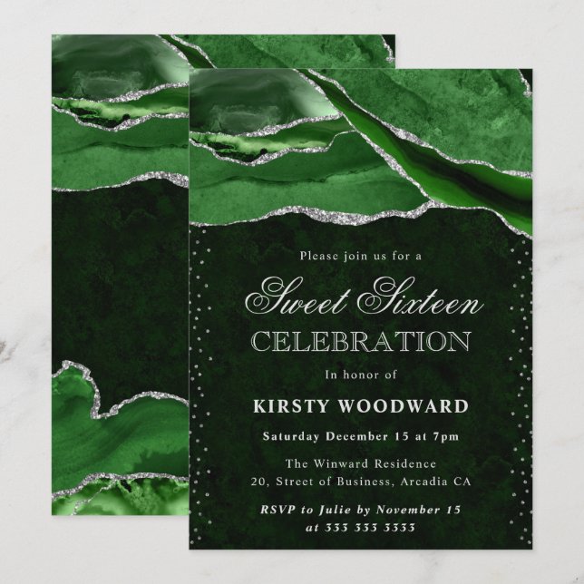 Green Silver Agate Marble Glam Sweet 16 Invitation (Front/Back)