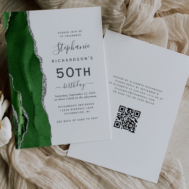 Green Silver Agate QR Code 50th Birthday Invitation (Creator Uploaded)