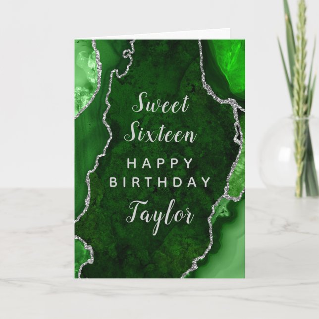 Green Silver Agate Sweet Sixteen Happy Birthday Card (Front)