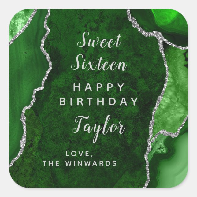 Green Silver Agate Sweet Sixteen Happy Birthday Square Sticker (Front)