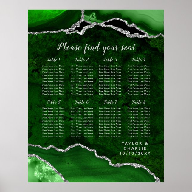 Green Silver Agate Wedding 8 Tables Seating Chart (Front)