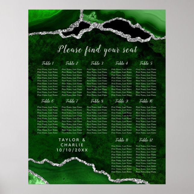 Green Silver Agate Wedding Seating Chart 12 Table (Front)