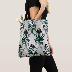 Green, Silver and Black Damask Pattern Tote Bag