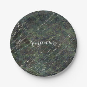 Green & Silver Army Camo Sparkle Glam Party Paper Plate