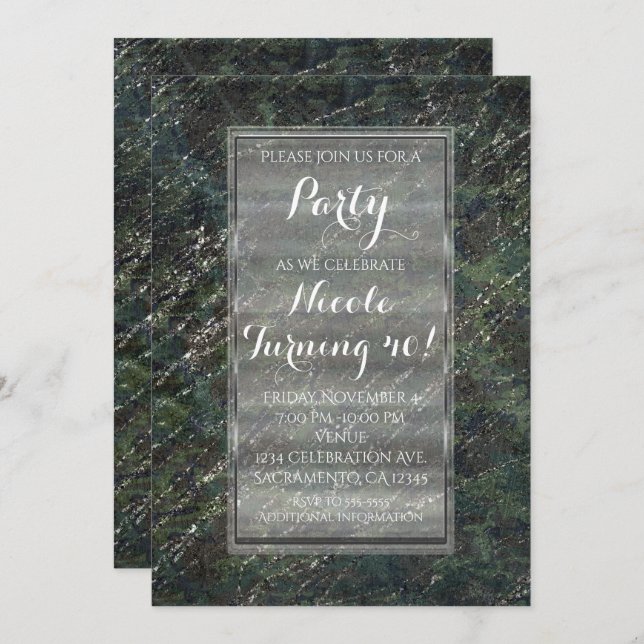 Green & Silver Army Camo Sparkle Party Invitations (Front/Back)