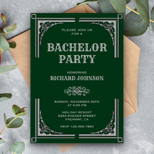 Green Silver Art Deco Bachelor Party Invitation