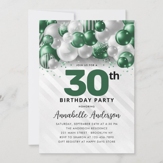 Green Silver Balloon Glam Glitter Any Age Birthday Invitation (Front)