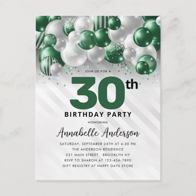 Green Silver Balloon Glitter Any Age Birthday  Postcard (Front)