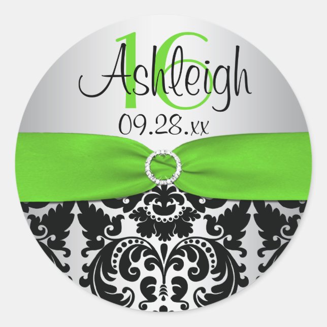 Green, Silver, Black Damask Sweet 16 Sticker (Front)