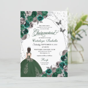 Green Silver Butterfly Princess Quinceanera Invitation