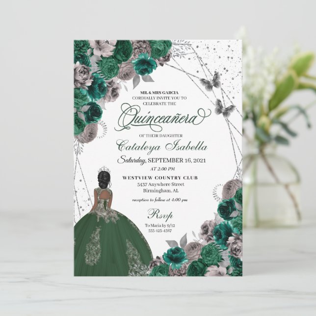 Green Silver Butterfly Princess Quinceanera Invitation (Standing Front)