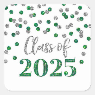 Green Silver Confetti Graduation 2025 Square Sticker